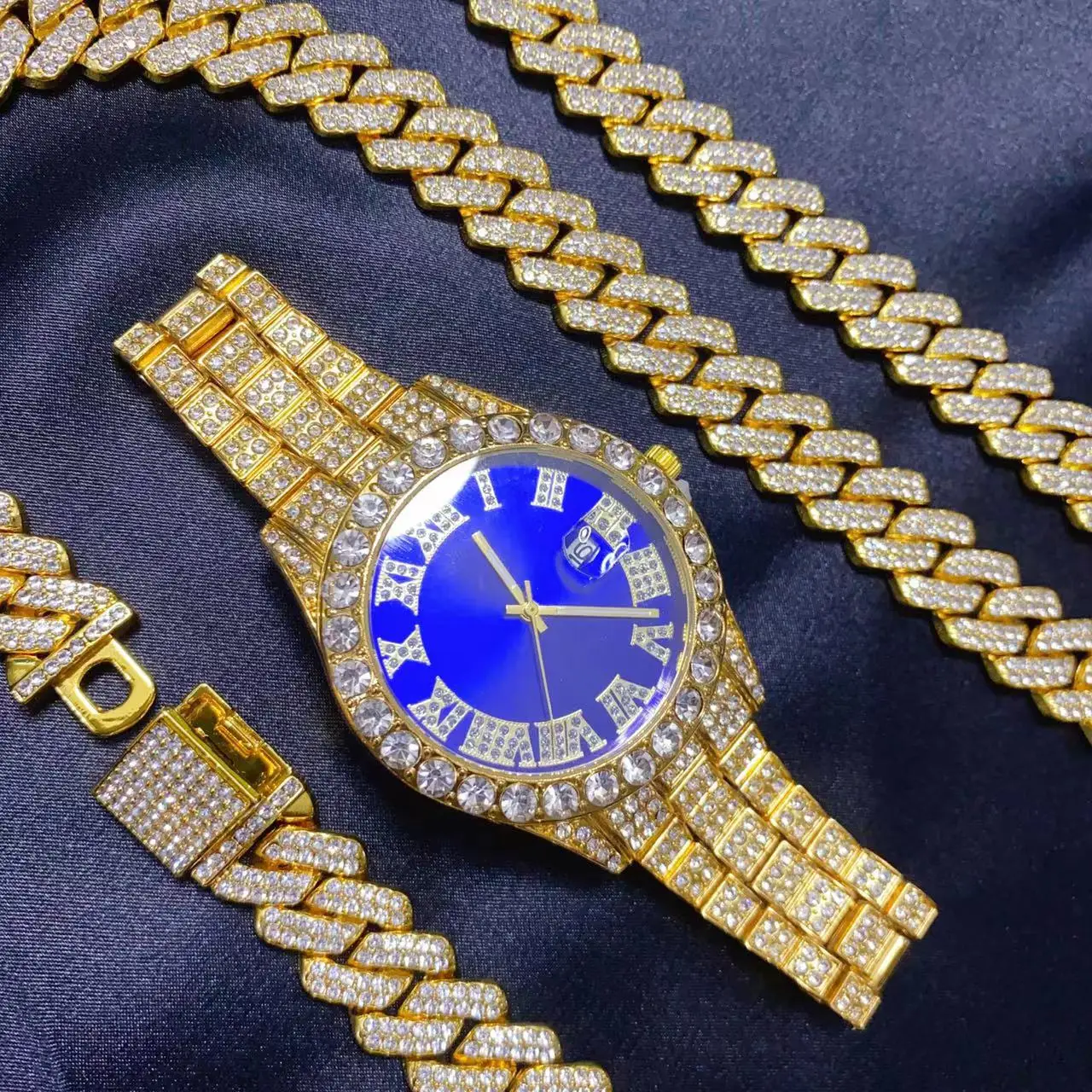 Icebox Jewelry Watches - 3-częściowy zestaw biżuterii hip-hopowej dla mężczyzn: